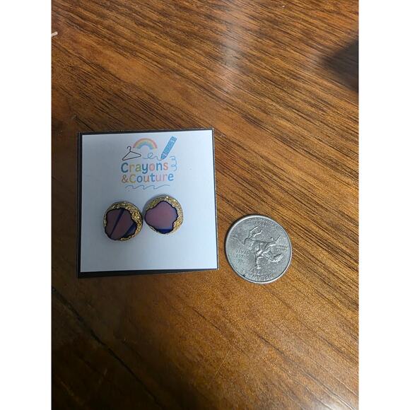 Geode Style Goldtone Studs Purple Blue Rock Earrings Daily Wear Boho Nature - Picture 2 of 2